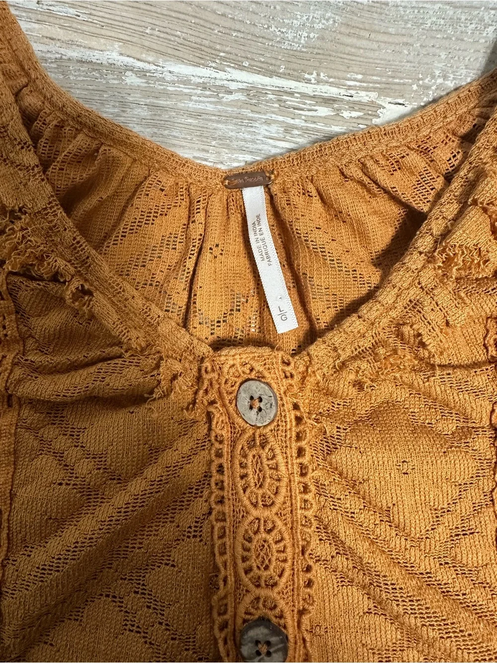 Free People Burnt Orange Crochet Button-Front Blouse